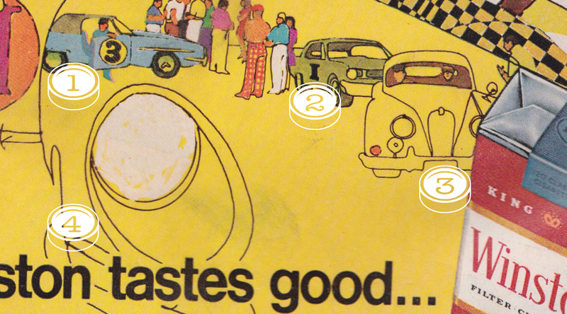 Illustration for article titled Let's Identify The Cars In This Groovy '60s Illustrated Cigarette Ad